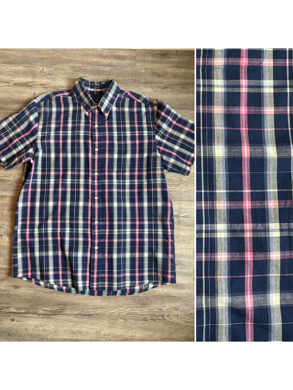 Saddlebred Easy Care Men’s Short Sleeve Plaid Button Down Shirt Navy Pink